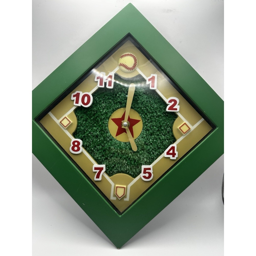 Baseball Diamond Wall Clock Green Turf Field Baseball Bat Hands Battery
